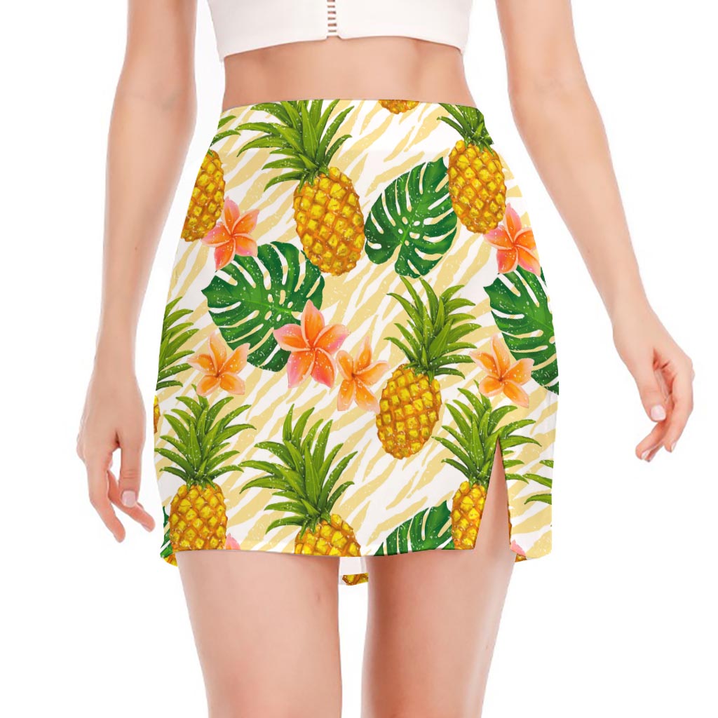 Beige Zebra Pineapple Pattern Print Side Slit Mini Skirt