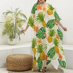 Beige Zebra Pineapple Pattern Print Silk V-Neck Kaftan Dress