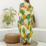 Beige Zebra Pineapple Pattern Print Silk V-Neck Kaftan Dress