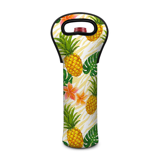 Beige Zebra Pineapple Pattern Print Single Neoprene Wine Tote