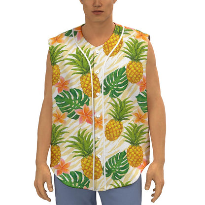 Beige Zebra Pineapple Pattern Print Sleeveless Baseball Jersey