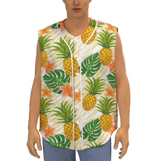 Beige Zebra Pineapple Pattern Print Sleeveless Baseball Jersey