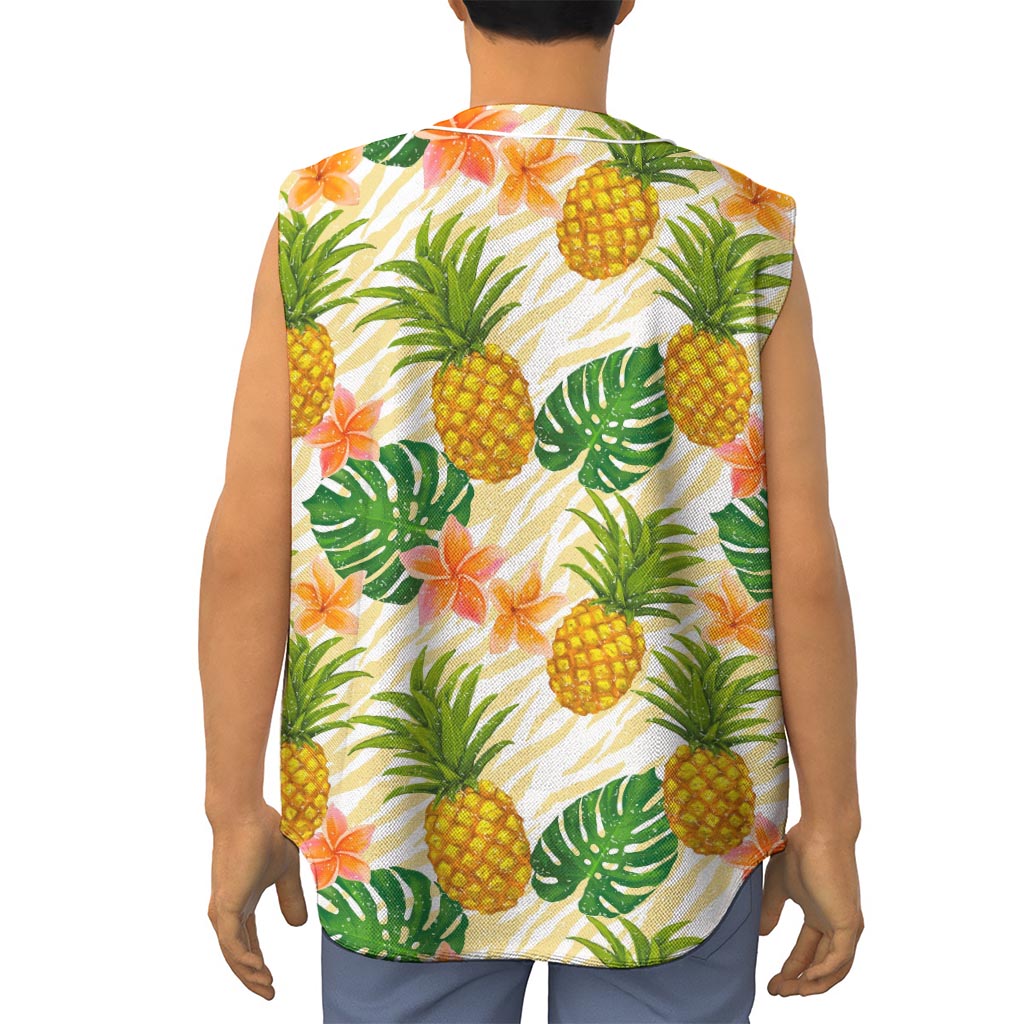 Beige Zebra Pineapple Pattern Print Sleeveless Baseball Jersey