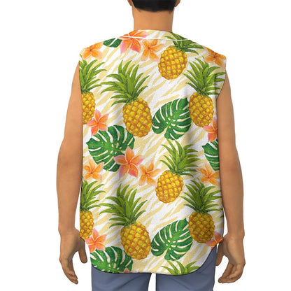 Beige Zebra Pineapple Pattern Print Sleeveless Baseball Jersey