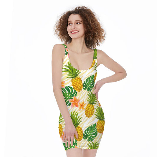 Beige Zebra Pineapple Pattern Print Sleeveless Bodycon Dress