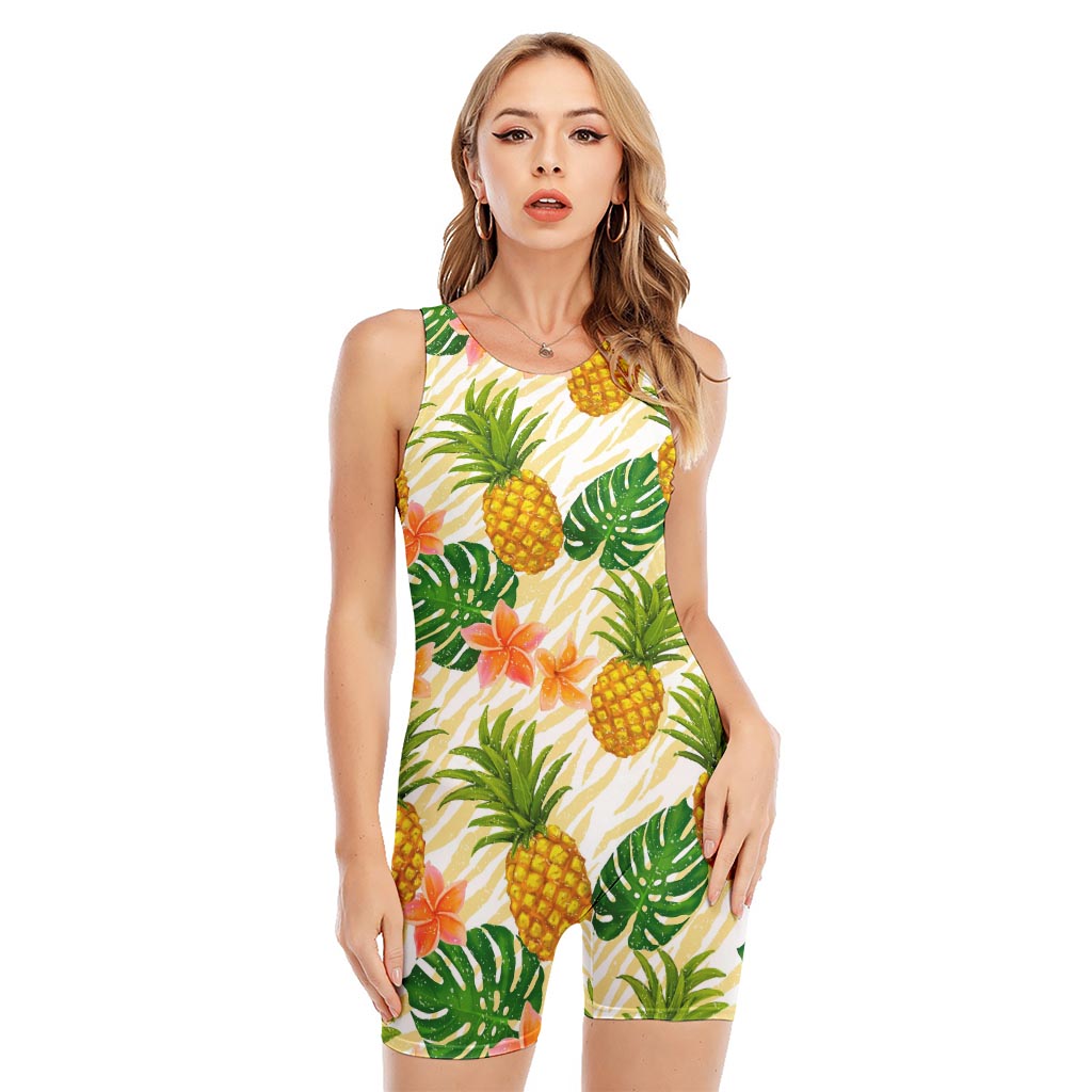 Beige Zebra Pineapple Pattern Print Sleeveless One Piece Swimsuit