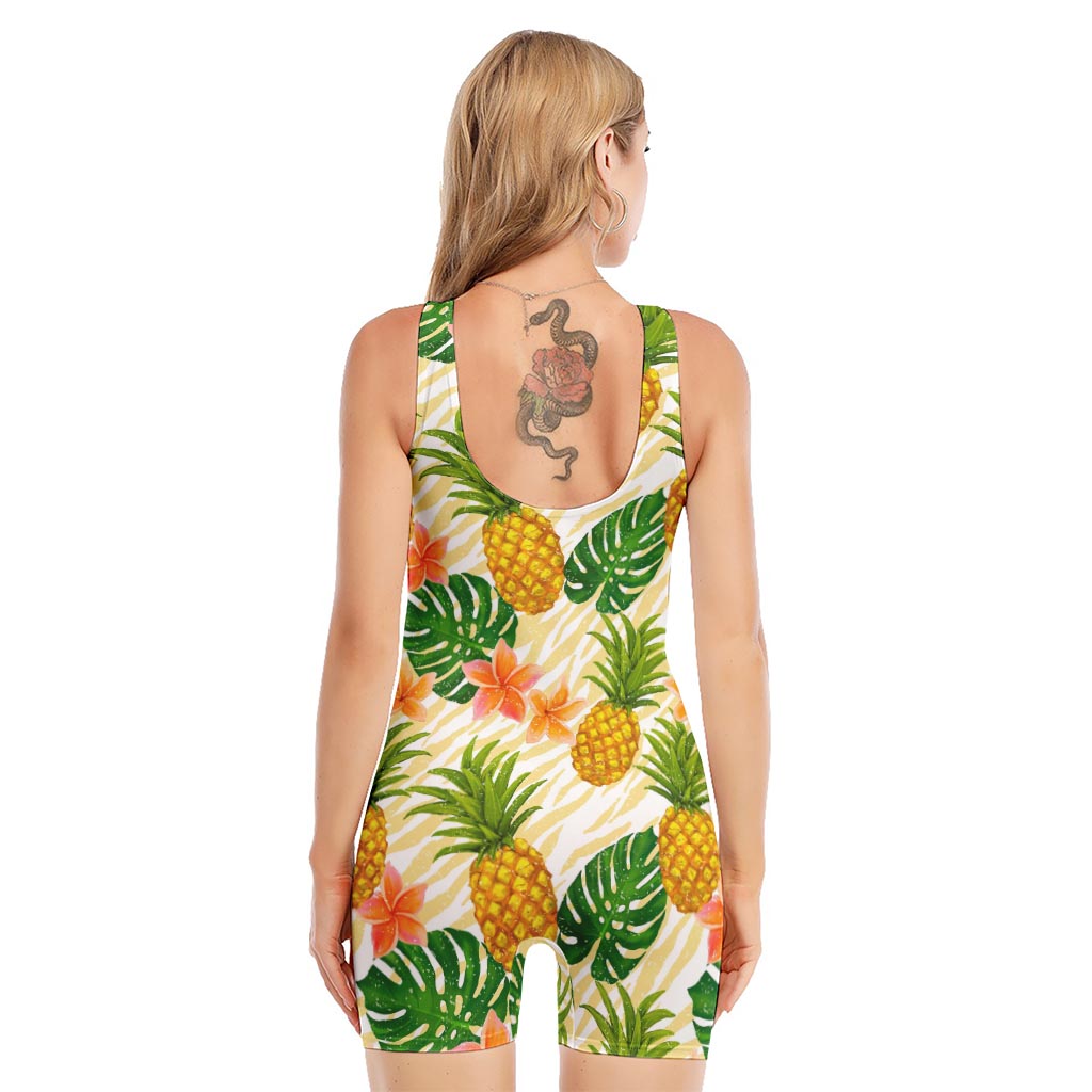 Beige Zebra Pineapple Pattern Print Sleeveless One Piece Swimsuit