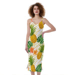 Beige Zebra Pineapple Pattern Print Slim Fit Midi Cami Dress