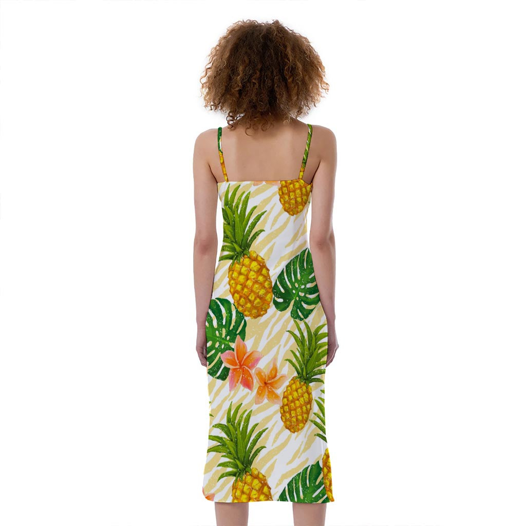 Beige Zebra Pineapple Pattern Print Slim Fit Midi Cami Dress