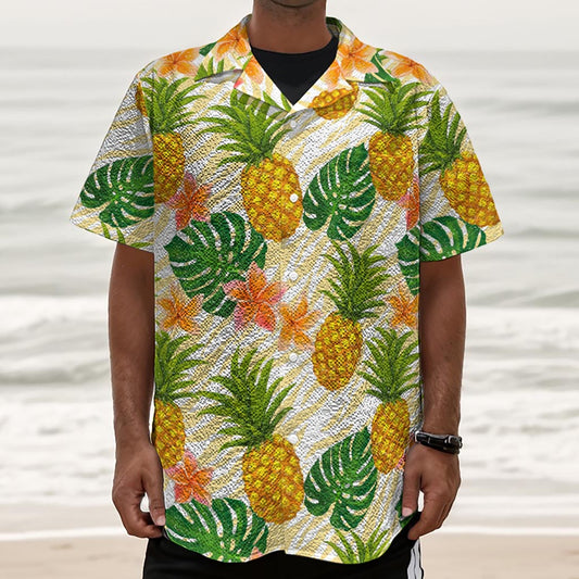 Beige Zebra Pineapple Pattern Print Textured Short Sleeve Shirt