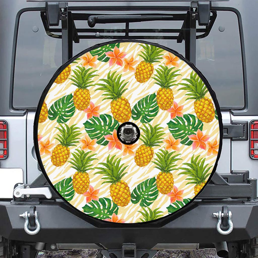 Beige Zebra Pineapple Pattern Print Tire Cover With Camera Hole