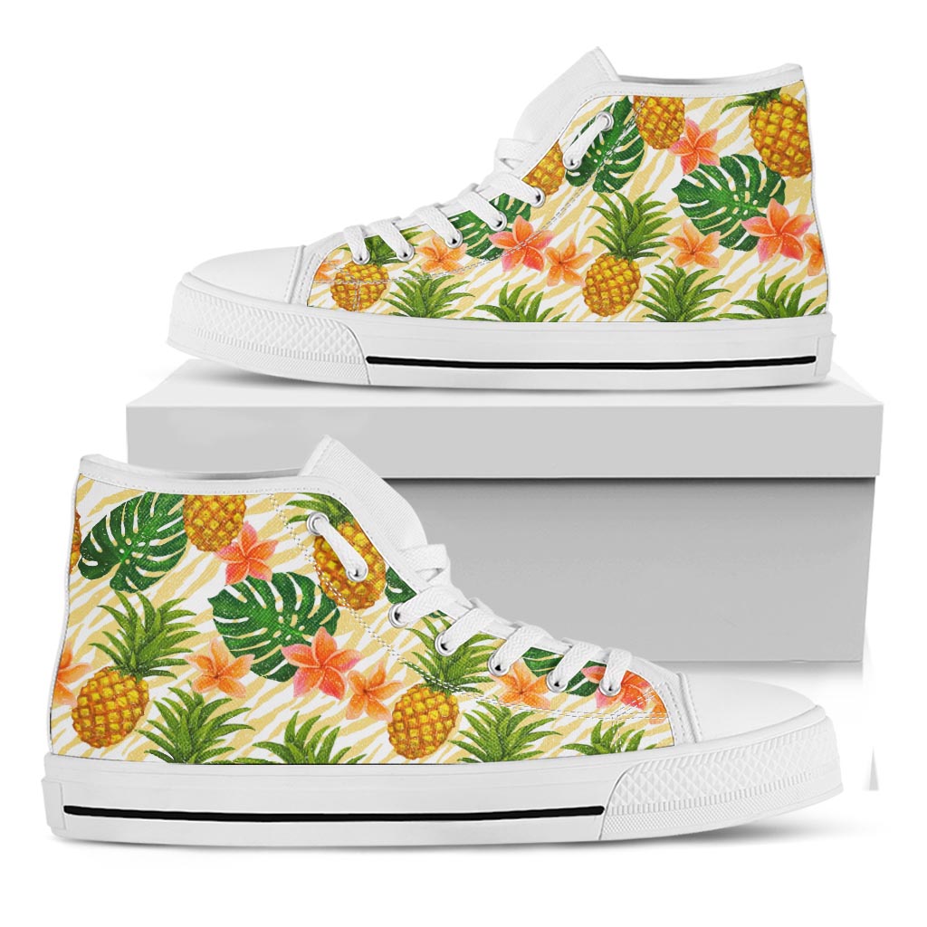 Beige Zebra Pineapple Pattern Print White High Top Sneakers