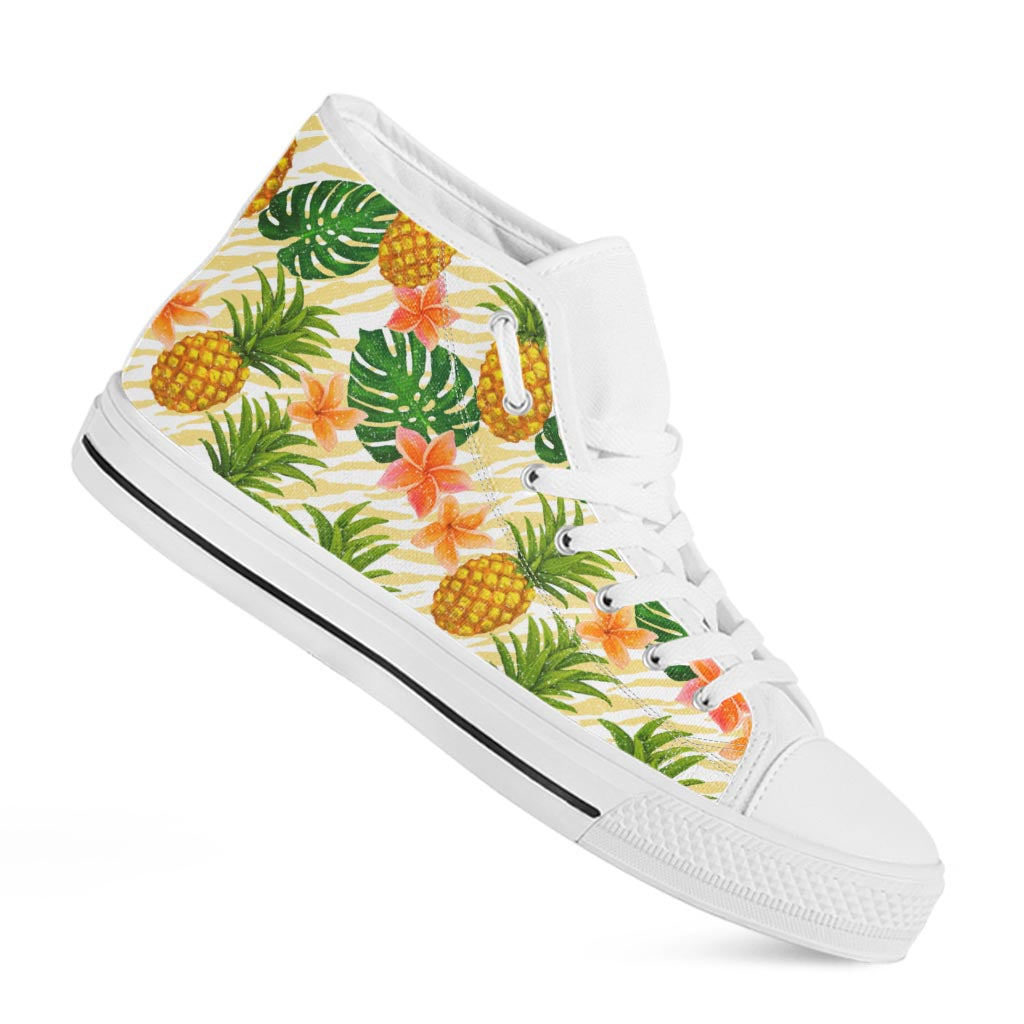 Beige Zebra Pineapple Pattern Print White High Top Sneakers