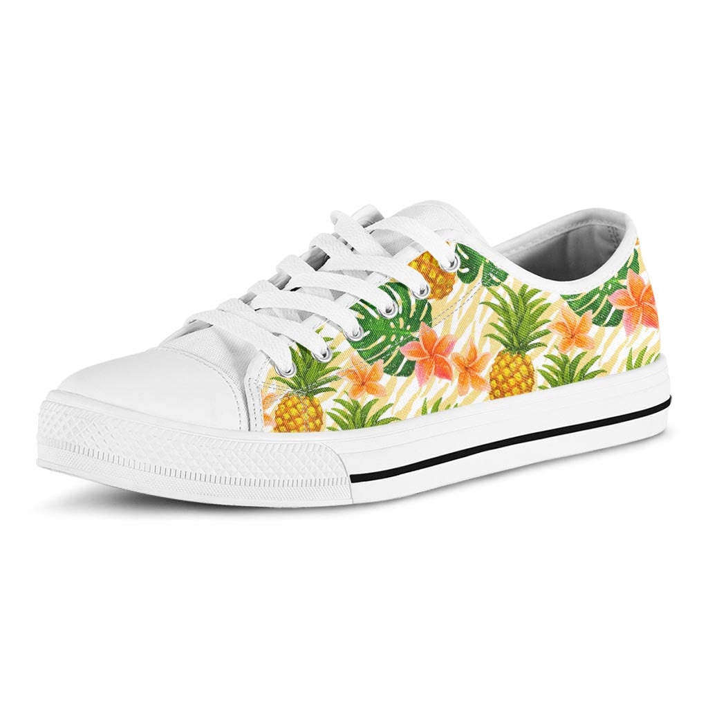 Beige Zebra Pineapple Pattern Print White Low Top Sneakers