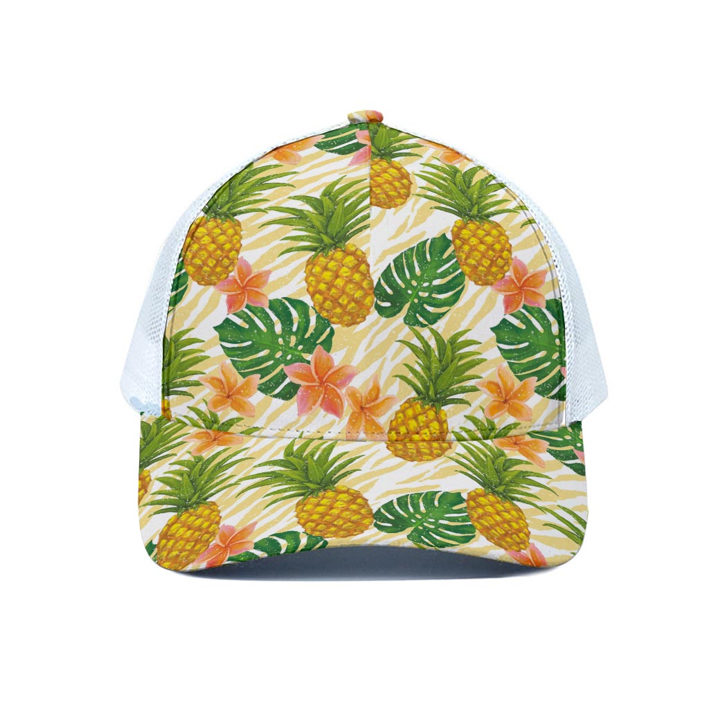 Beige Zebra Pineapple Pattern Print White Mesh Trucker Cap