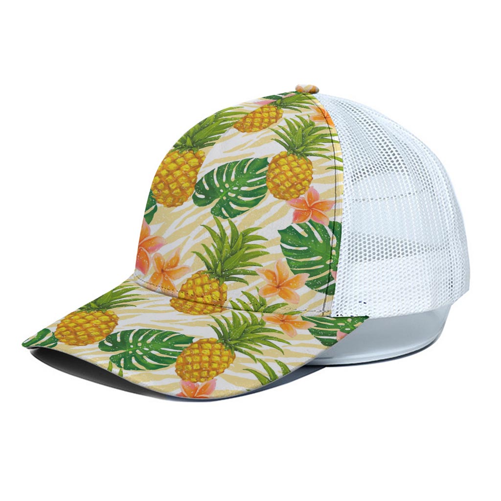 Beige Zebra Pineapple Pattern Print White Mesh Trucker Cap
