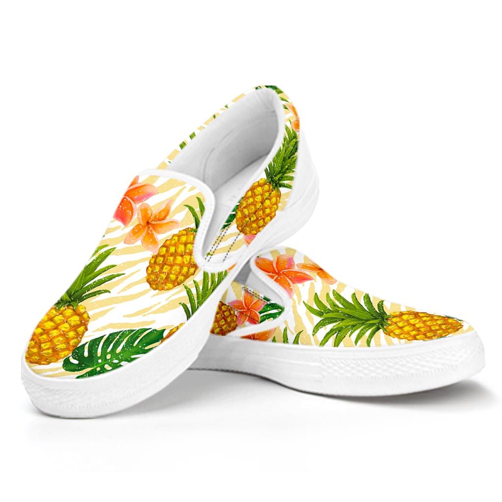 Beige Zebra Pineapple Pattern Print White Slip On Sneakers