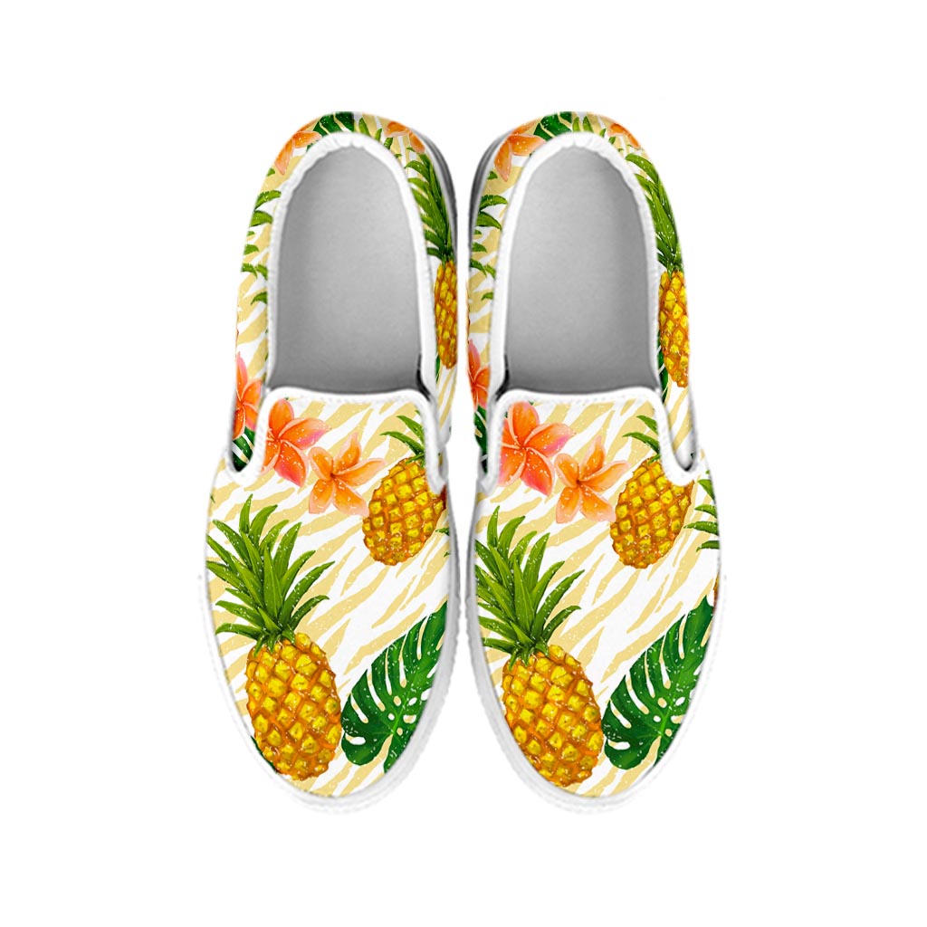 Beige Zebra Pineapple Pattern Print White Slip On Sneakers