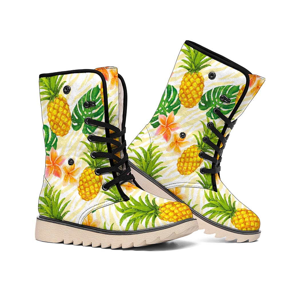 Beige Zebra Pineapple Pattern Print Winter Boots