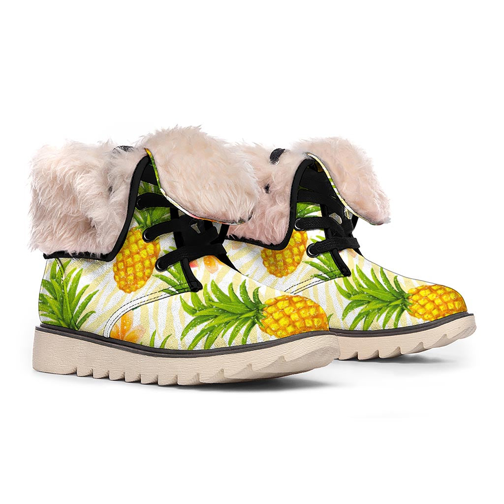 Beige Zebra Pineapple Pattern Print Winter Boots