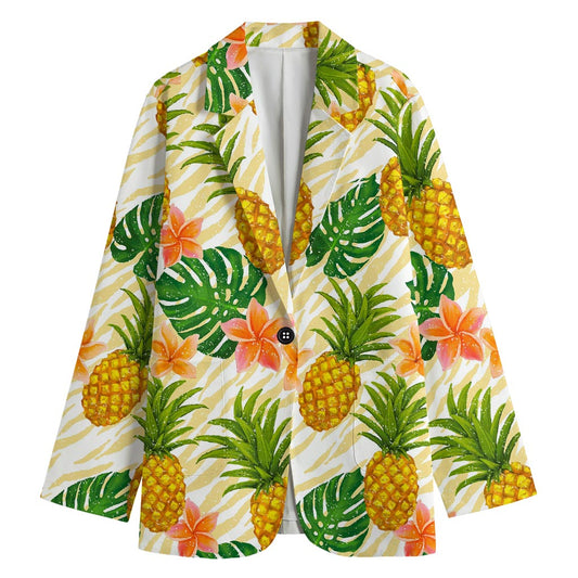 Beige Zebra Pineapple Pattern Print Women's Blazer