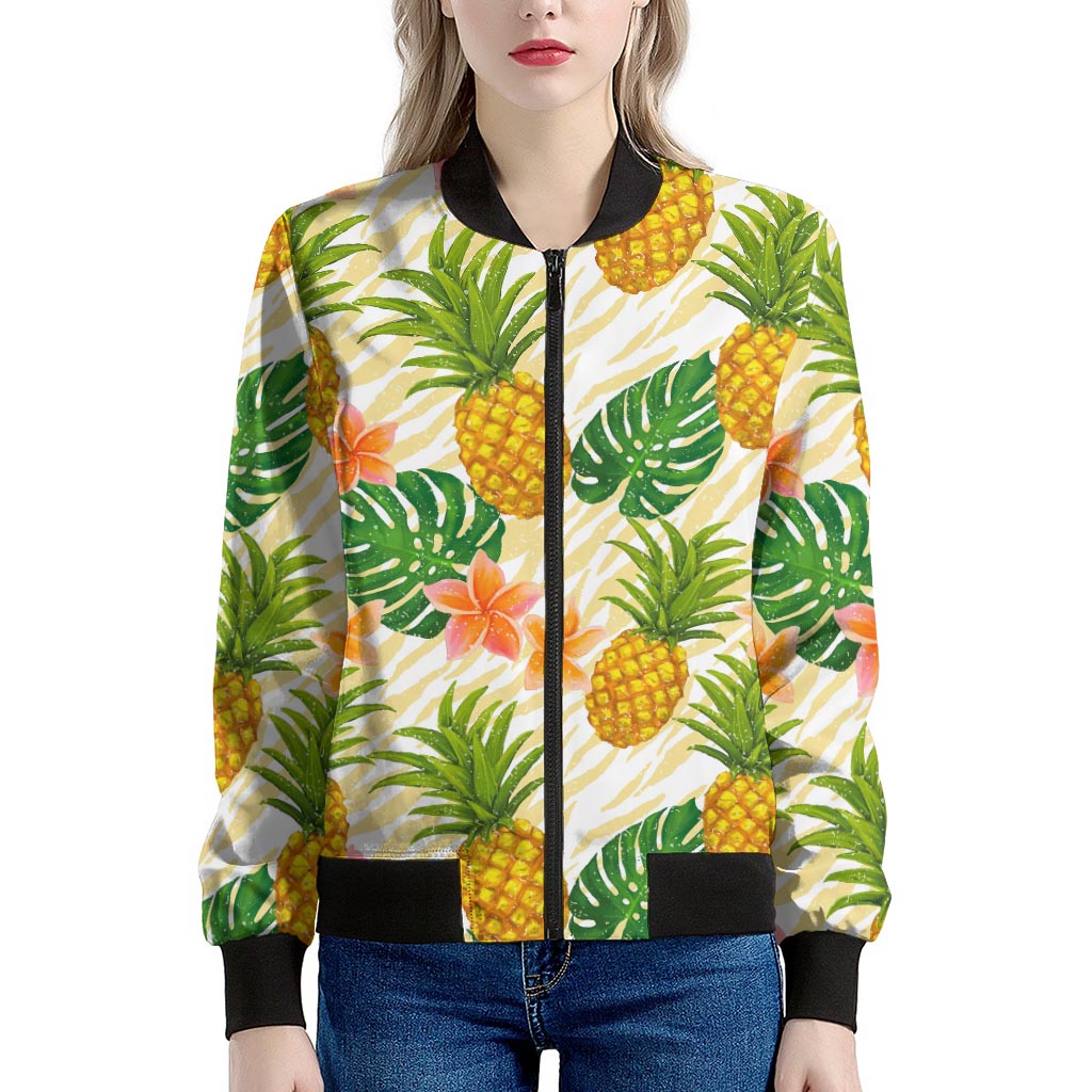 Beige Zebra Pineapple Pattern Print Women's Bomber Jacket