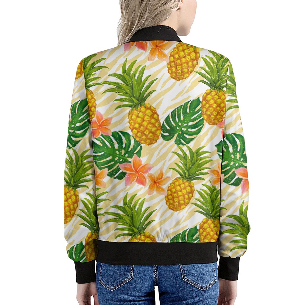 Beige Zebra Pineapple Pattern Print Women's Bomber Jacket