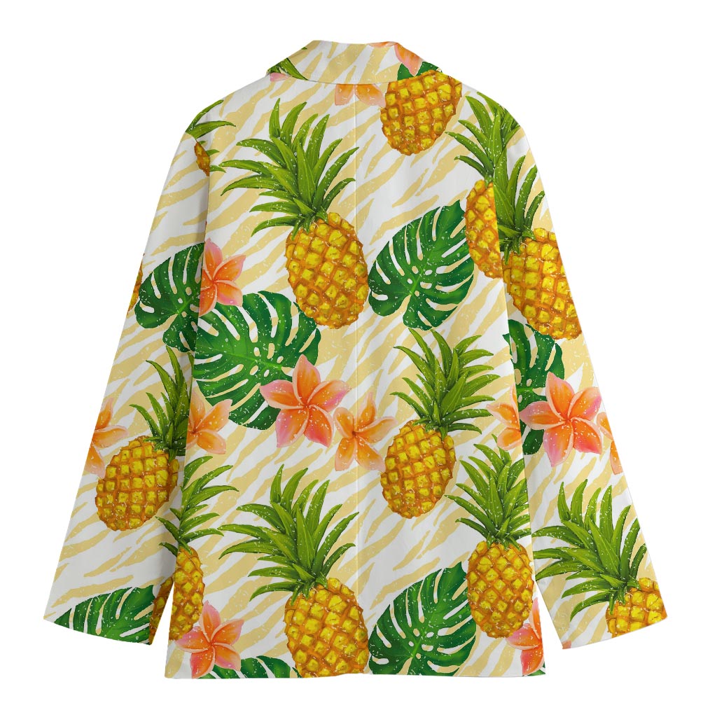 Beige Zebra Pineapple Pattern Print Women's Cotton Blazer