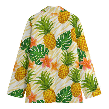 Beige Zebra Pineapple Pattern Print Women's Cotton Blazer