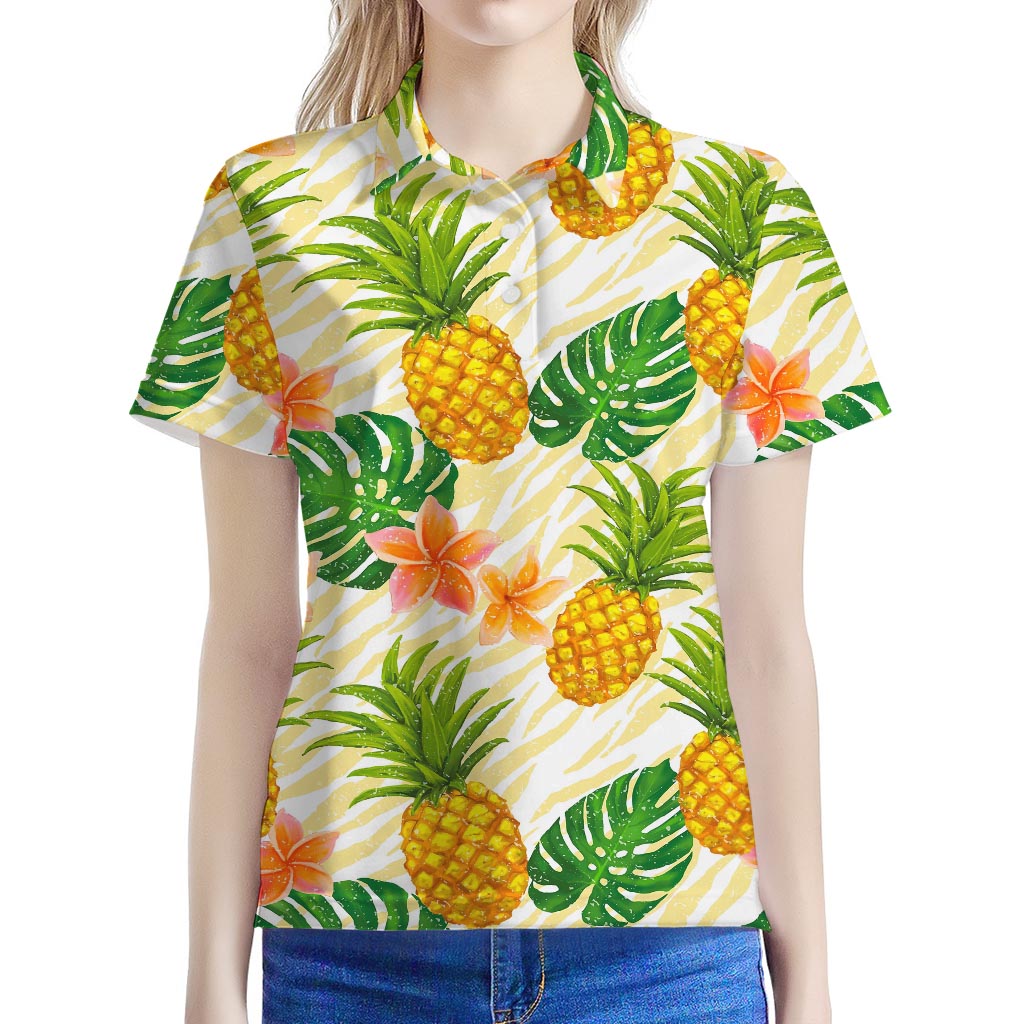 Beige Zebra Pineapple Pattern Print Women's Polo Shirt