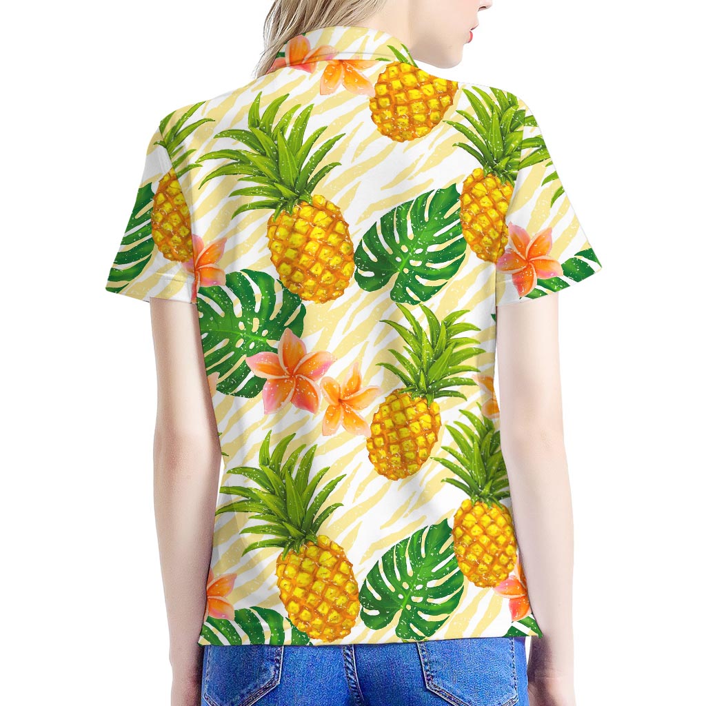 Beige Zebra Pineapple Pattern Print Women's Polo Shirt