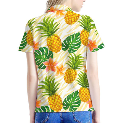 Beige Zebra Pineapple Pattern Print Women's Polo Shirt