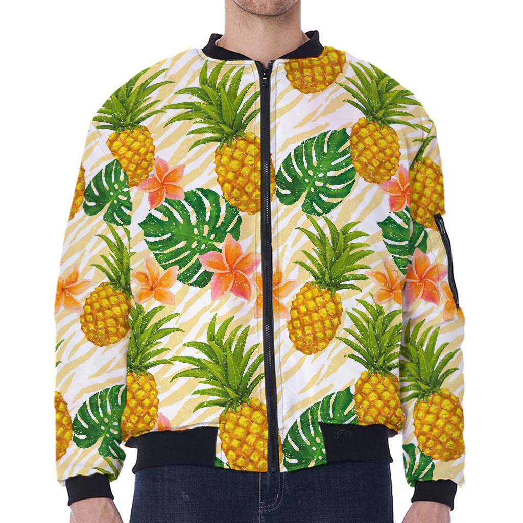 Beige Zebra Pineapple Pattern Print Zip Sleeve Bomber Jacket