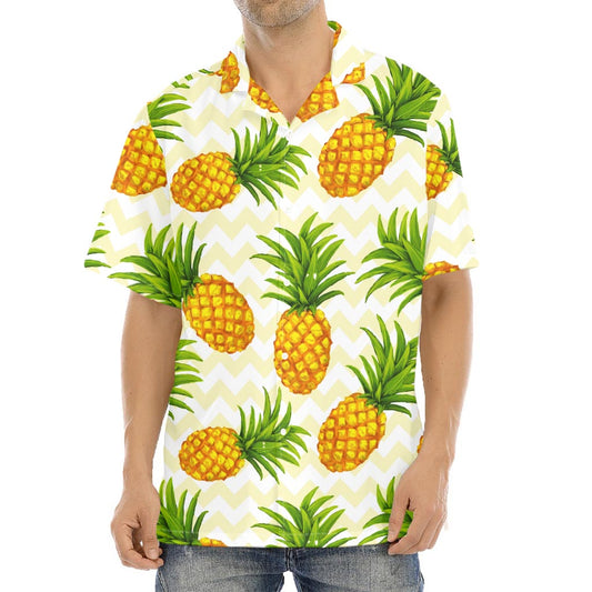 Beige Zig Zag Pineapple Pattern Print Aloha Shirt