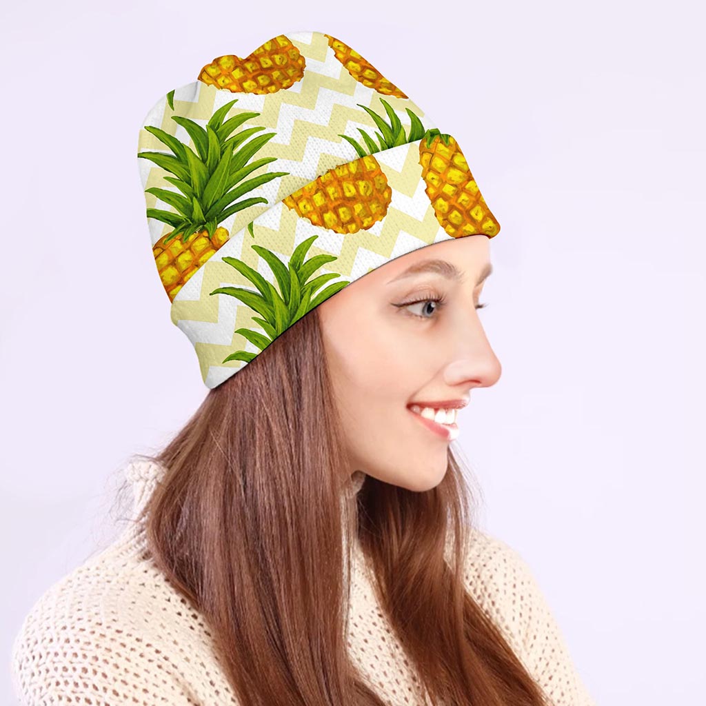 Beige Zig Zag Pineapple Pattern Print Beanie