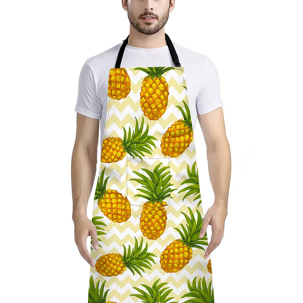 Beige Zig Zag Pineapple Pattern Print Bib Apron With Pocket