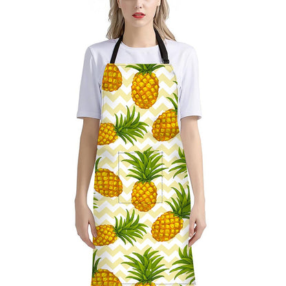 Beige Zig Zag Pineapple Pattern Print Bib Apron With Pocket