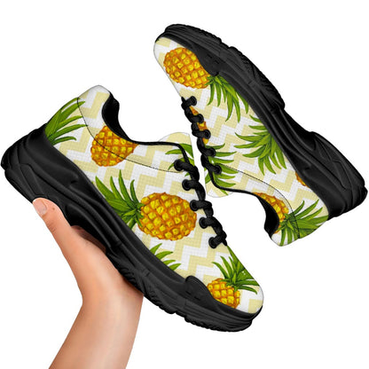 Beige Zig Zag Pineapple Pattern Print Black Chunky Shoes
