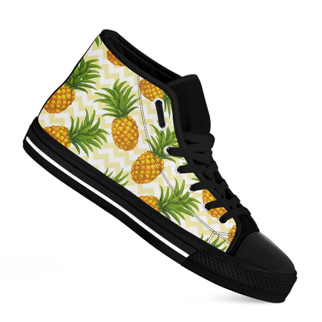 Beige Zig Zag Pineapple Pattern Print Black High Top Sneakers