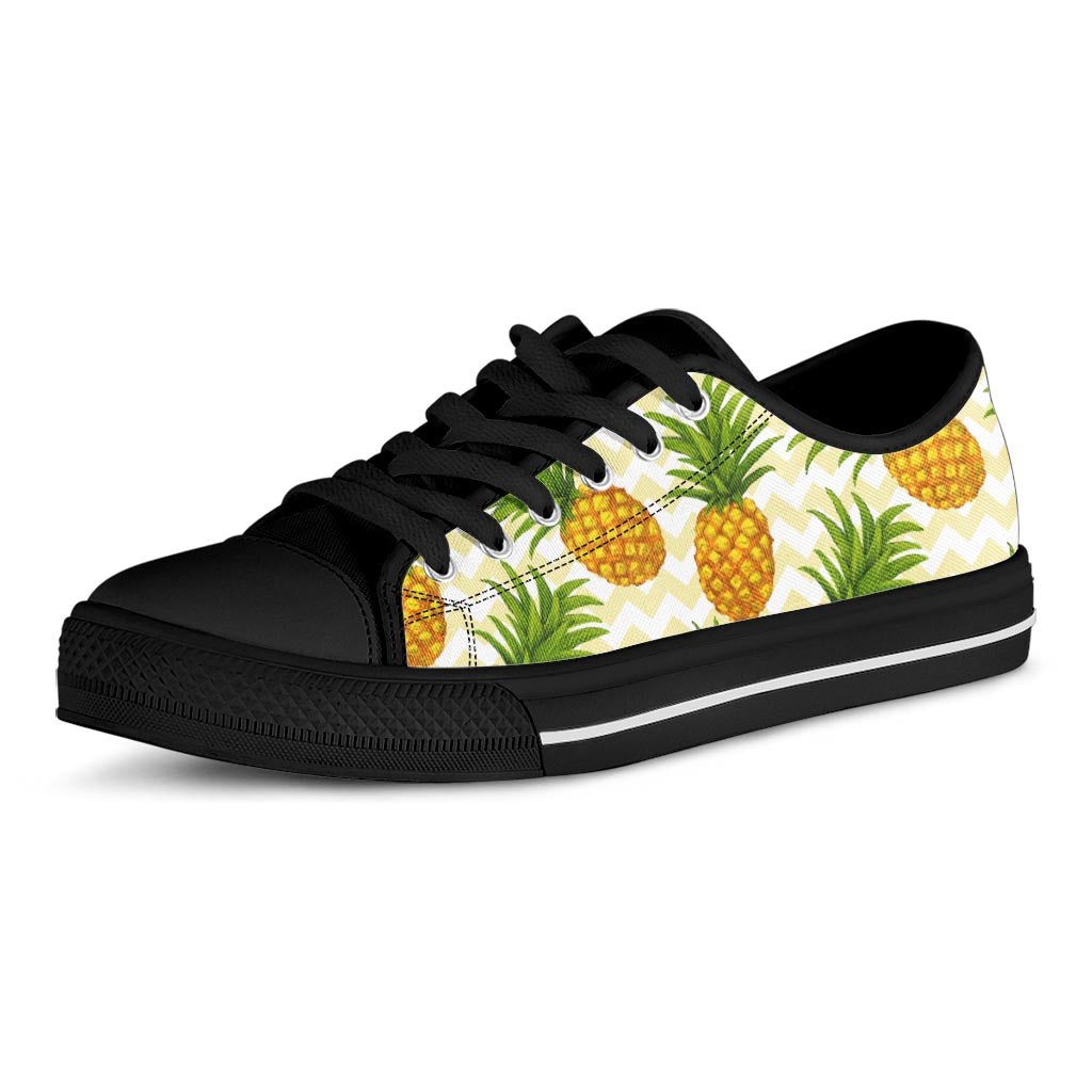 Beige Zig Zag Pineapple Pattern Print Black Low Top Sneakers