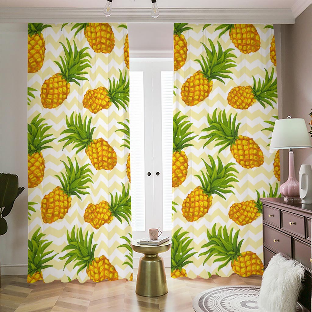 Beige Zig Zag Pineapple Pattern Print Blackout Pencil Pleat Curtains