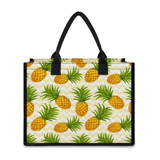 Beige Zig Zag Pineapple Pattern Print Canvas Tote Bag