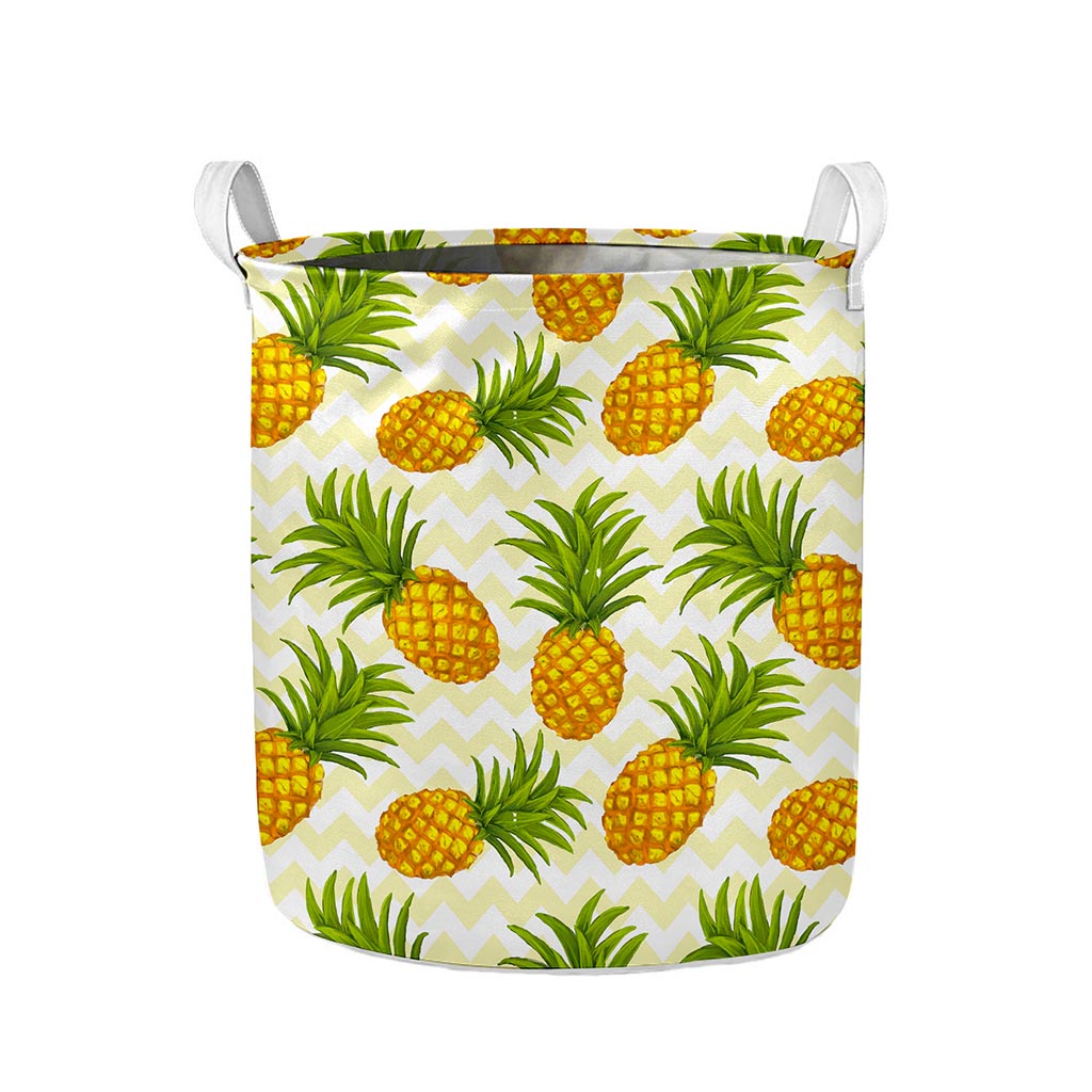 Beige Zig Zag Pineapple Pattern Print Collapsible Laundry Basket