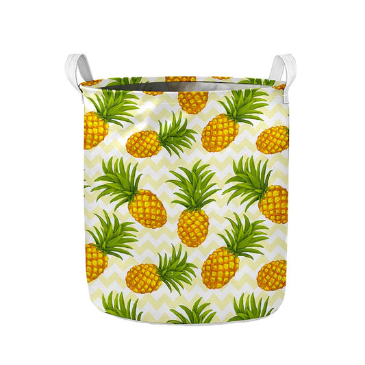 Beige Zig Zag Pineapple Pattern Print Collapsible Laundry Basket