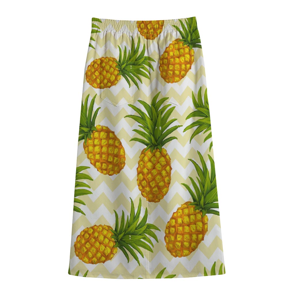 Beige Zig Zag Pineapple Pattern Print Cotton Front Slit Maxi Skirt