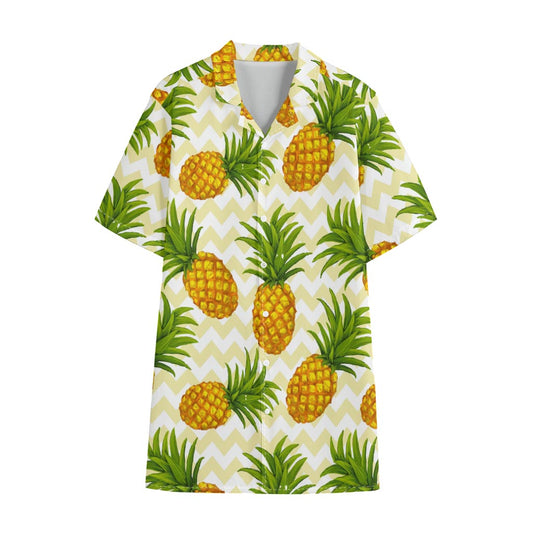 Beige Zig Zag Pineapple Pattern Print Cotton Hawaiian Shirt