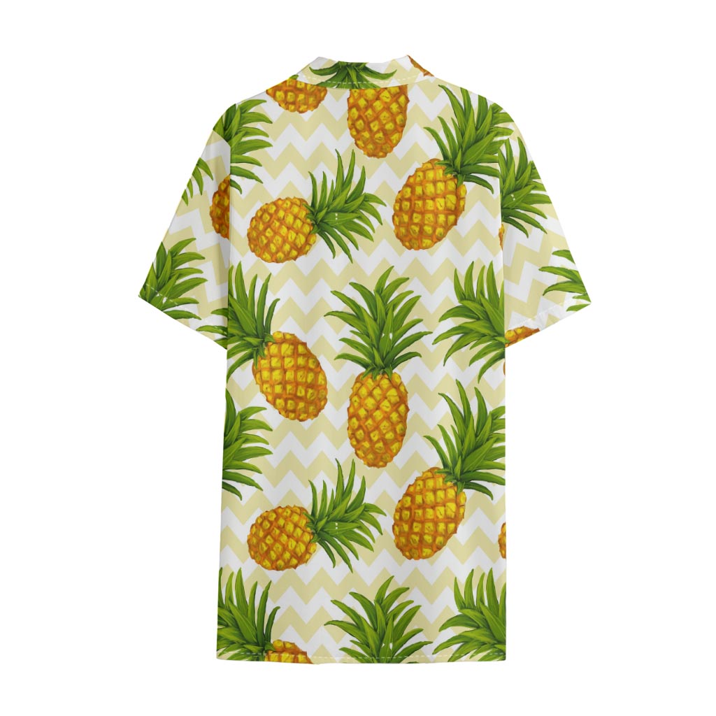 Beige Zig Zag Pineapple Pattern Print Cotton Hawaiian Shirt