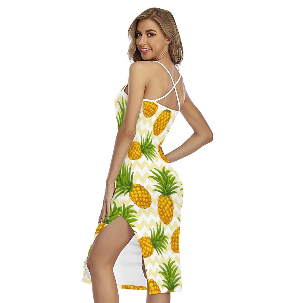 Beige Zig Zag Pineapple Pattern Print Cross Back Cami Dress