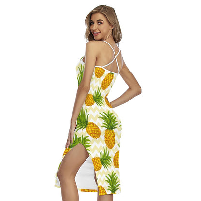 Beige Zig Zag Pineapple Pattern Print Cross Back Cami Dress