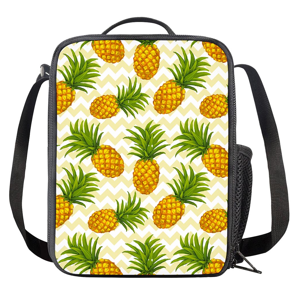 Beige Zig Zag Pineapple Pattern Print Crossbody Lunch Bag